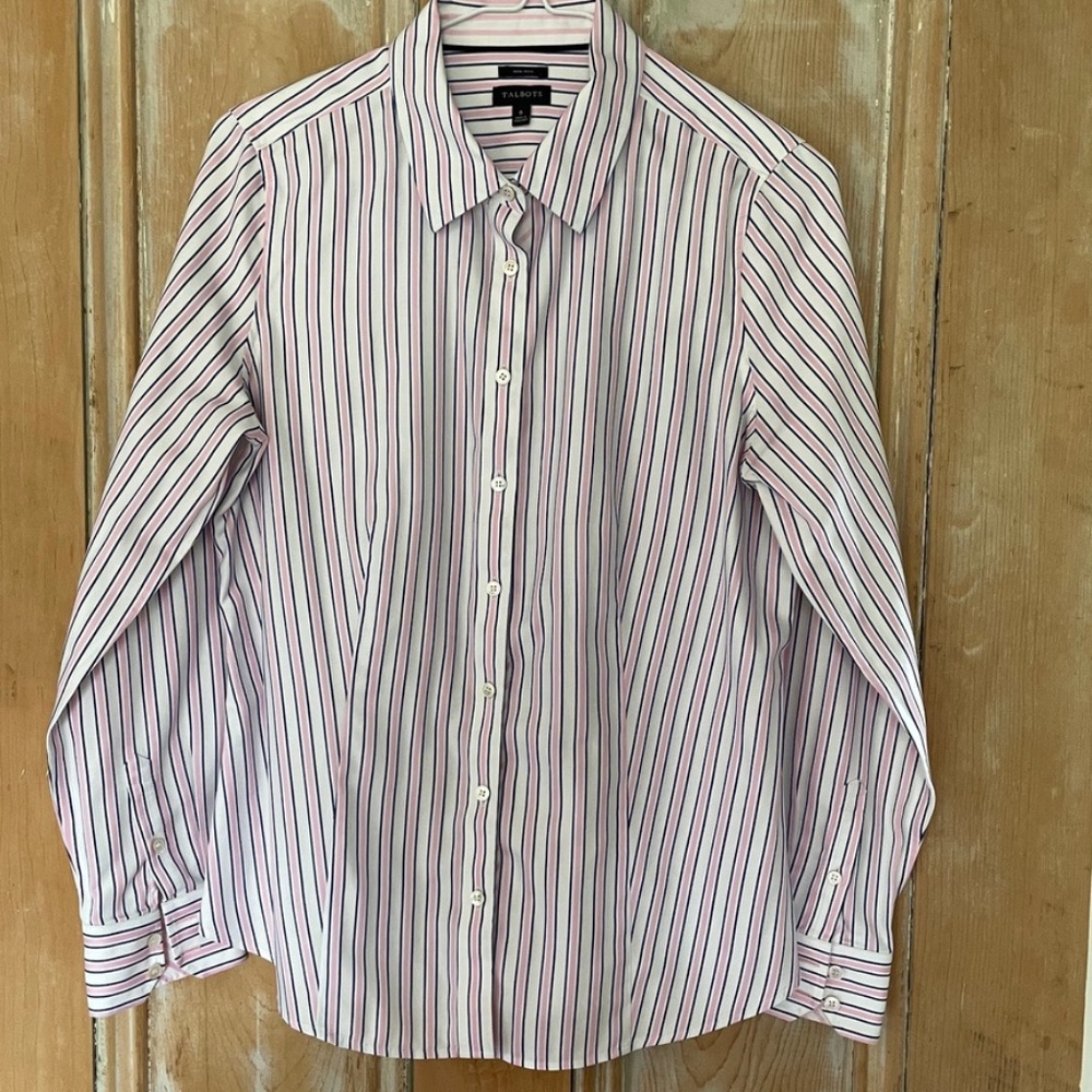 Talbots Women's Non-Iron Dress Shirt Navy, Pink & White Striped Size 6